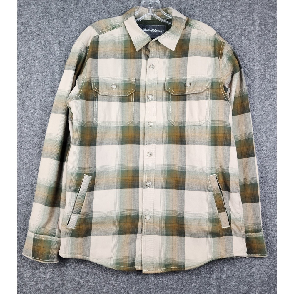 Eddie Bauer Fleece‎ Lined Plaid Shirt Jacket Mens Medium Green Tan Shacket